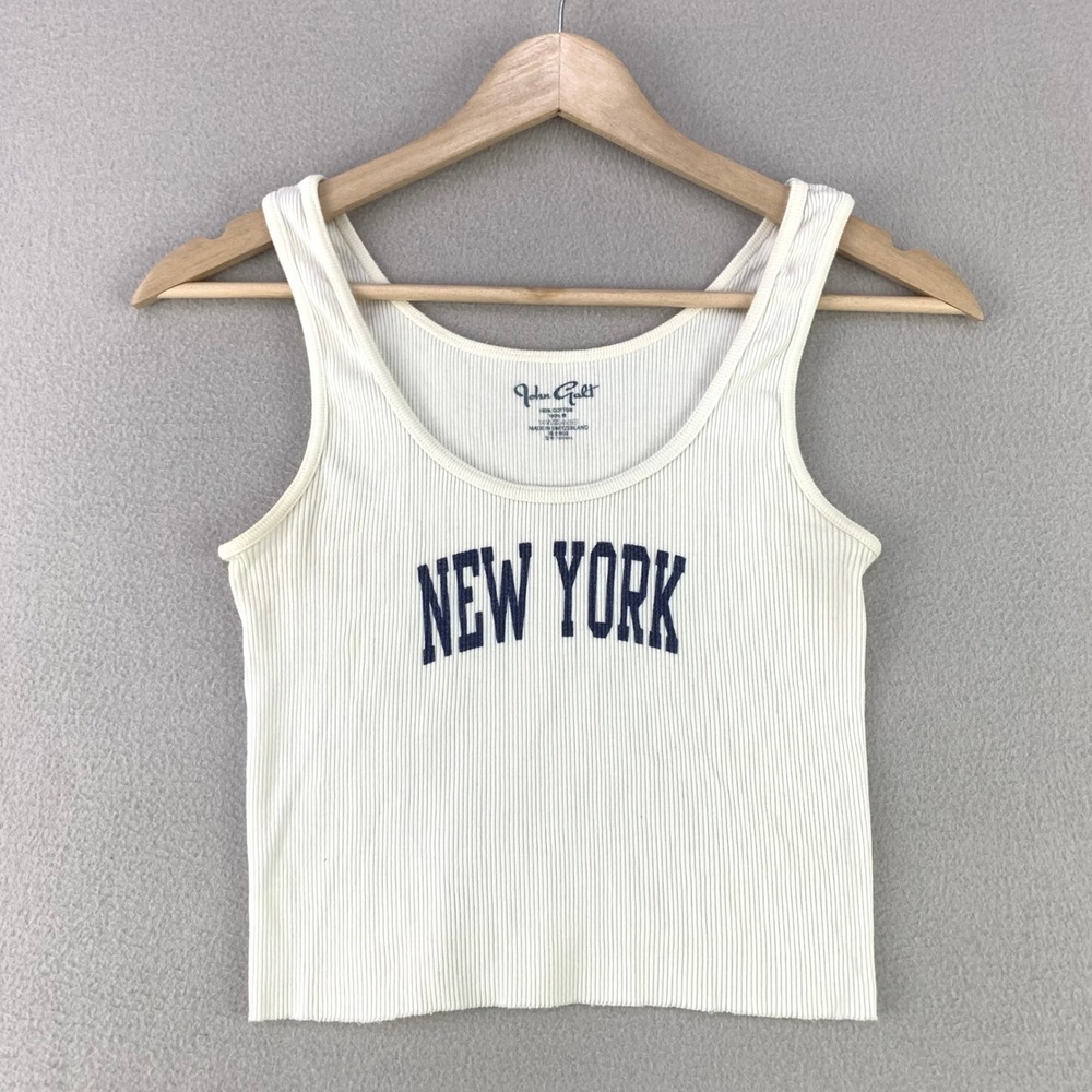 John Galt New York Tank Top Women OS White Ribbed Graphic Sleeveless Crop Y2K